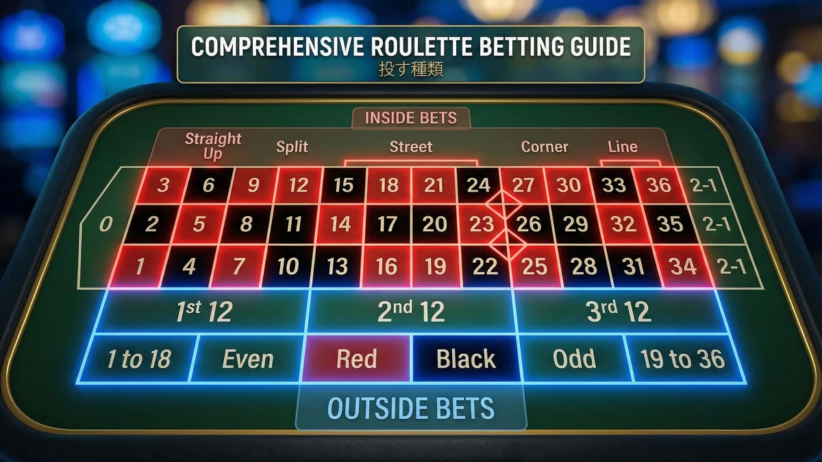 ルーレットの賭け方全種類【2026年完全版】インサイド・アウトサイドベットの配当と確率